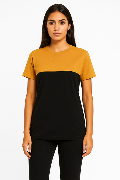 Attitude Start Of Fashion Women’s Mustard & Black Color Block T-Shirt – Casual Everyday Wear