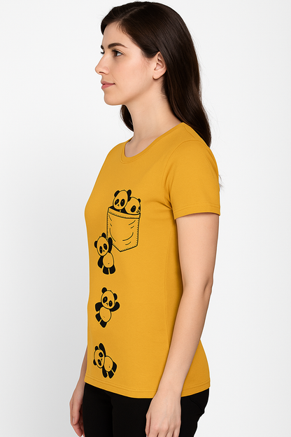 Attitude Start Of Fashion Mustard Yellow Panda Print T-Shirt