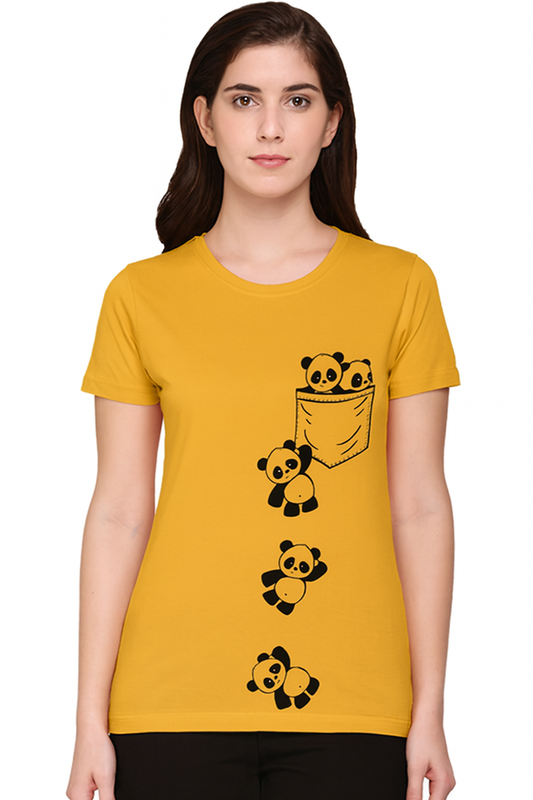 Attitude Start Of Fashion Mustard Yellow Panda Print T-Shirt