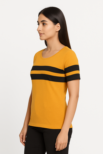 Attitude Start Of Fashion Women’s Mustard Yellow Striped T-Shirt – Slim Fit Round Neck Casual Tee