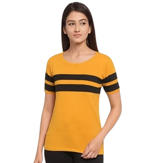 Attitude Start Of Fashion Women’s Mustard Yellow Striped T-Shirt – Slim Fit Round Neck Casual Tee