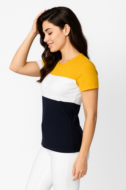 Attitude Start Of Fashion Women’s Colorblock Crew Neck T-Shirt – Mustard Yellow, White & Blk Casual Tee