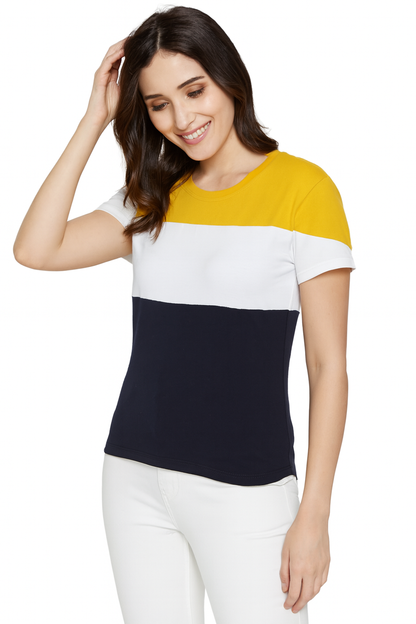 Attitude Start Of Fashion Women’s Colorblock Crew Neck T-Shirt – Mustard Yellow, White & Blk Casual Tee
