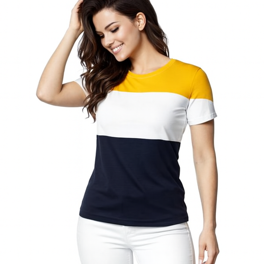 Attitude Start Of Fashion Women’s Colorblock Crew Neck T-Shirt – Mustard Yellow, White & Blk Casual Tee