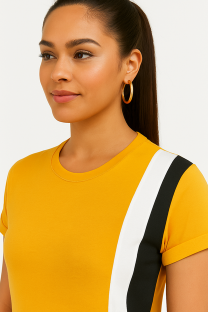 Attitude Start Of Fashion Women’s Yellow Colorblock T-Shirt with Black & White Panels