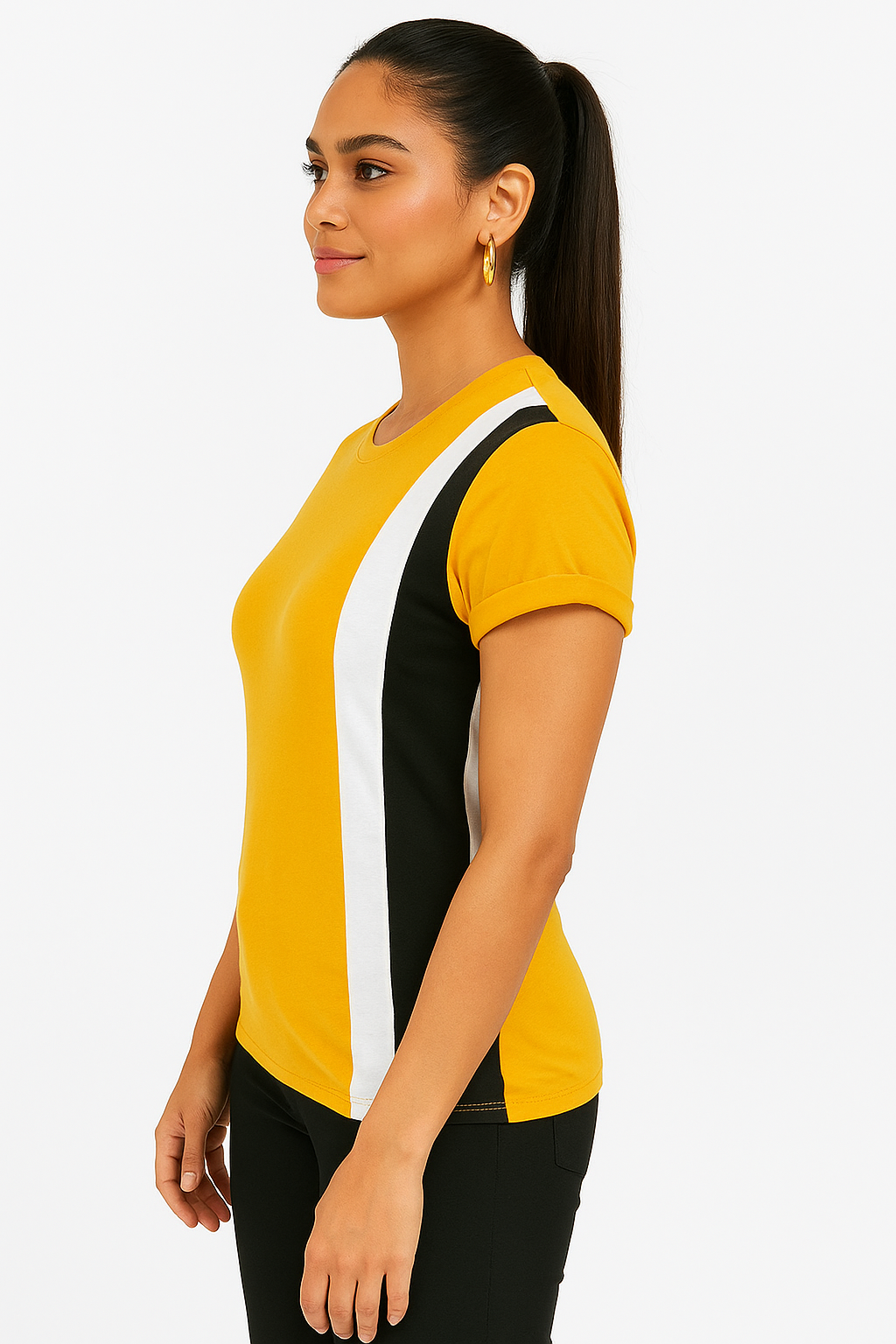 Attitude Start Of Fashion Women’s Yellow Colorblock T-Shirt with Black & White Panels