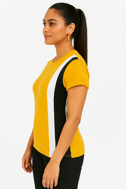 Attitude Start Of Fashion Women’s Yellow Colorblock T-Shirt with Black & White Panels