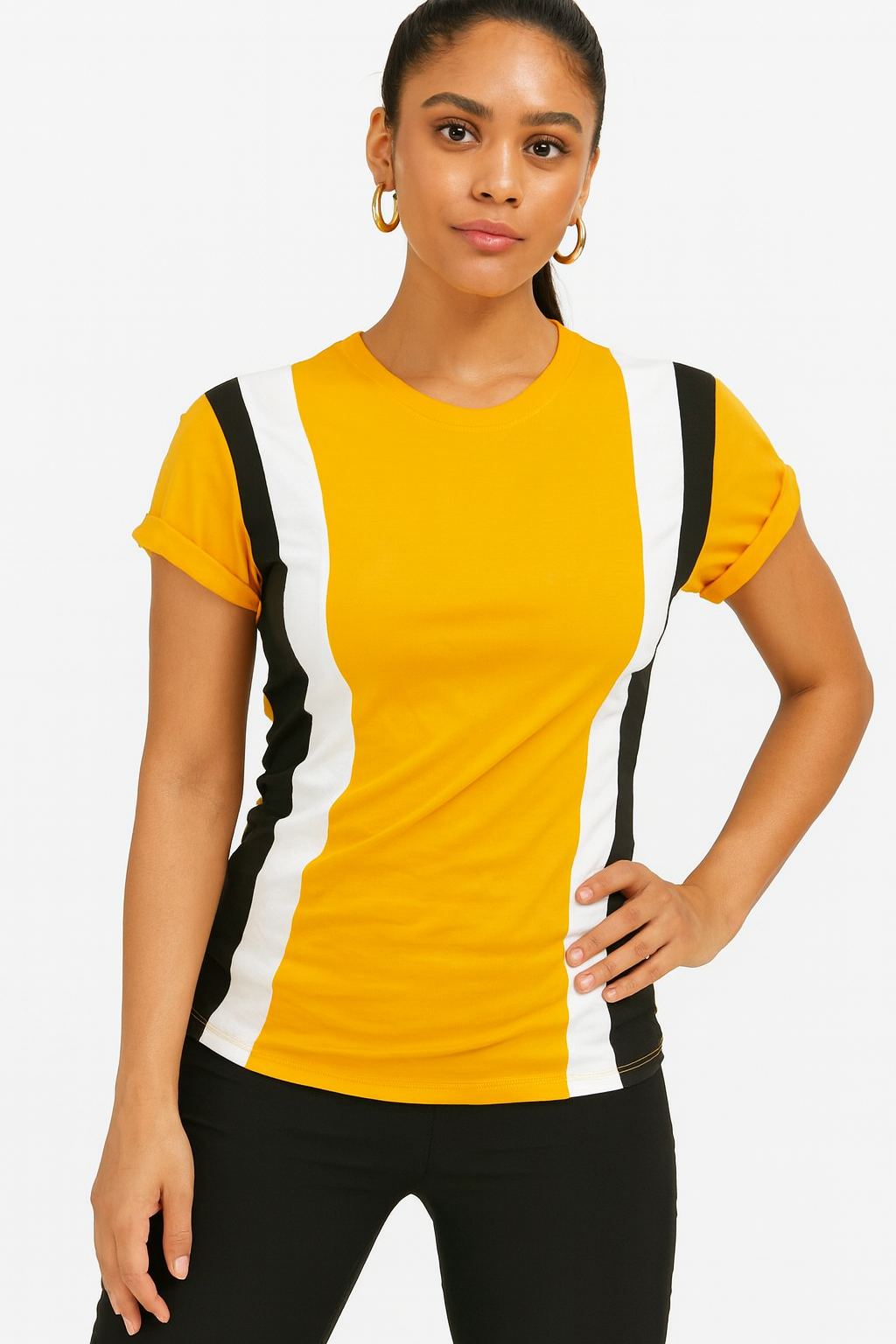 Attitude Start Of Fashion Women’s Yellow Colorblock T-Shirt with Black & White Panels