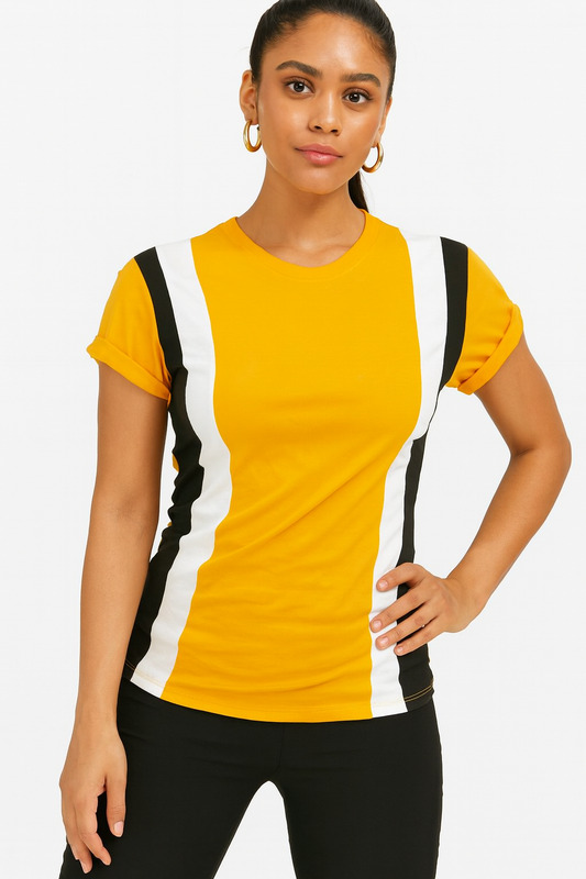 Attitude Start Of Fashion Women’s Yellow Colorblock T-Shirt with Black & White Panels
