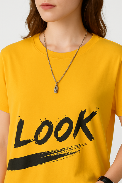 Attitude Start Of Fashion Yellow “LOOK” Printed T-Shirt