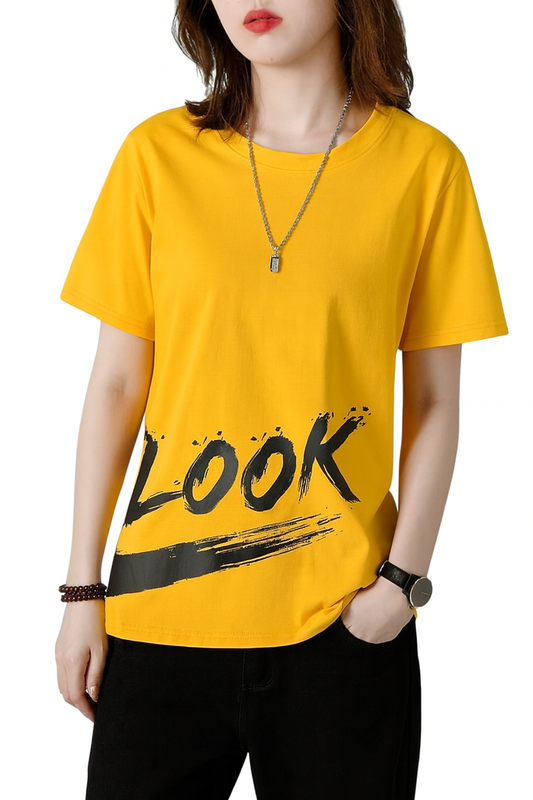 Attitude Start Of Fashion Yellow “LOOK” Printed T-Shirt