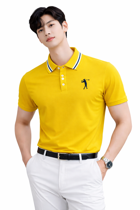 Attitude Start of Fashion Men’s Premium Mustard Yellow Polo T-Shirt with Contrast Collar & Golfer Logo
