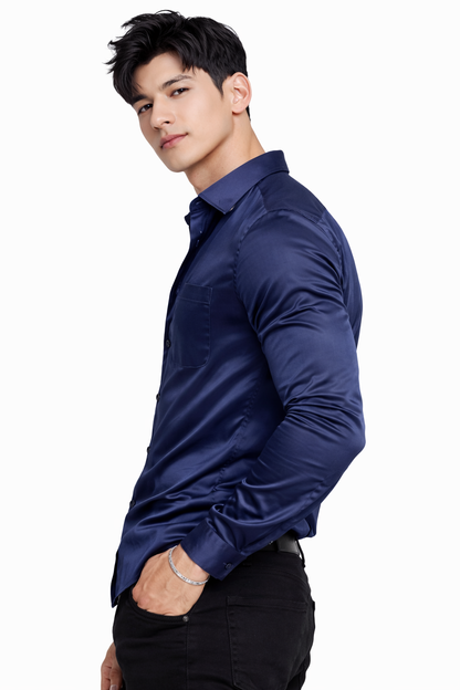 Attitude Start of Fashion Men’s Premium Navy Blue Satin Slim Fit Shirt – Full Sleeve Party Wear