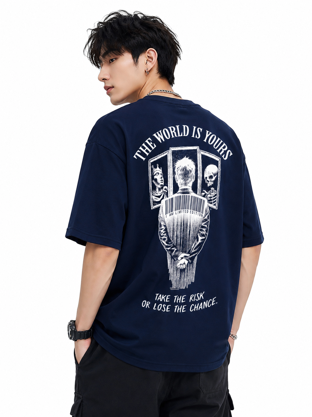 ATTITUDE START OF FASHION The World Is Yours Graphic Oversized NavyBlue T-Shirt
