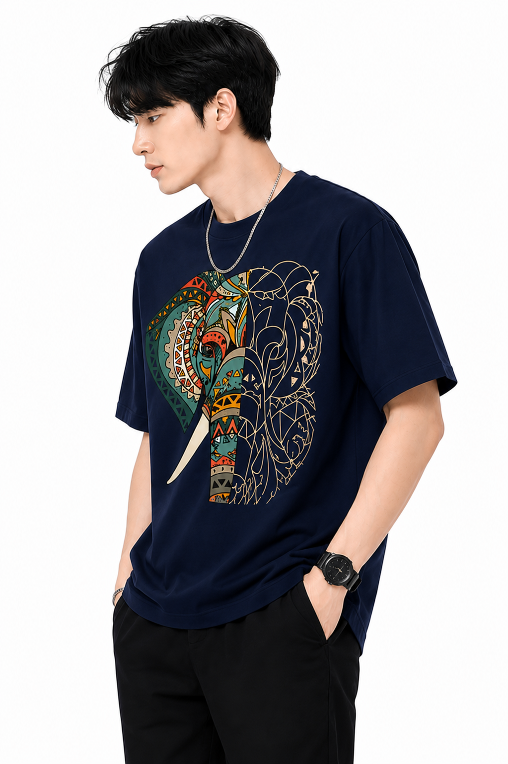 Attitude Men's Graphic Printed Elephant T-Shirt | Water Splash Wildlife Art Design | Premium Cotton Black Casual Round Neck Tee for Men