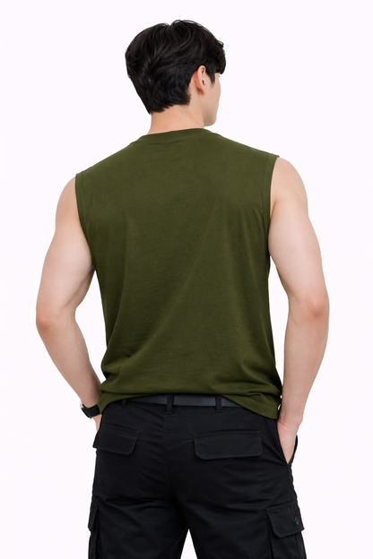 Attitude Start of Fashion Men Olive Green Graphic Print Sleeveless Cotton T-Shirt