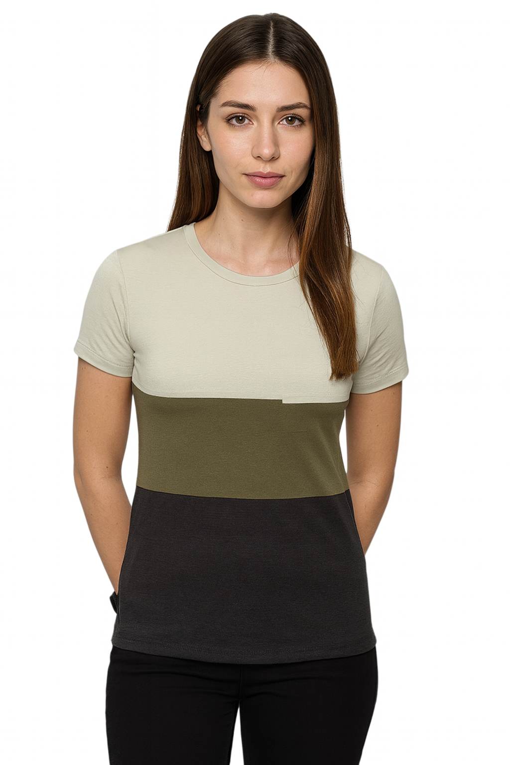 Attitude Start Of Fashion Women’s Color Block T-Shirt – Cream, Olive & Black Casual Tee