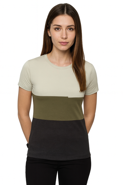 Attitude Start Of Fashion Women’s Color Block T-Shirt – Cream, Olive & Black Casual Tee