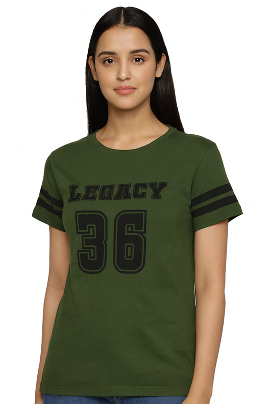 Attitude Start Of Fashion women’s  Olive “LEGACY 36” chest printed T-shirt