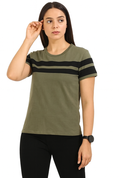 Attitude Start Of Fashion Women’s Olive Green Striped Cotton T-Shirt – Casual Regular Fit Tee