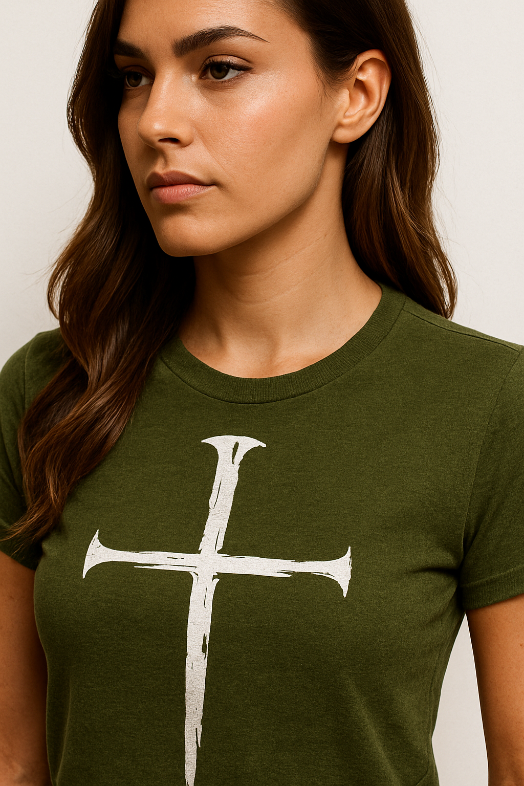 Attitude Start Of Fashion Women’s Olive Green Graphic T-Shirt with Minimalist Cross Print | Casual Regular Fit Tee