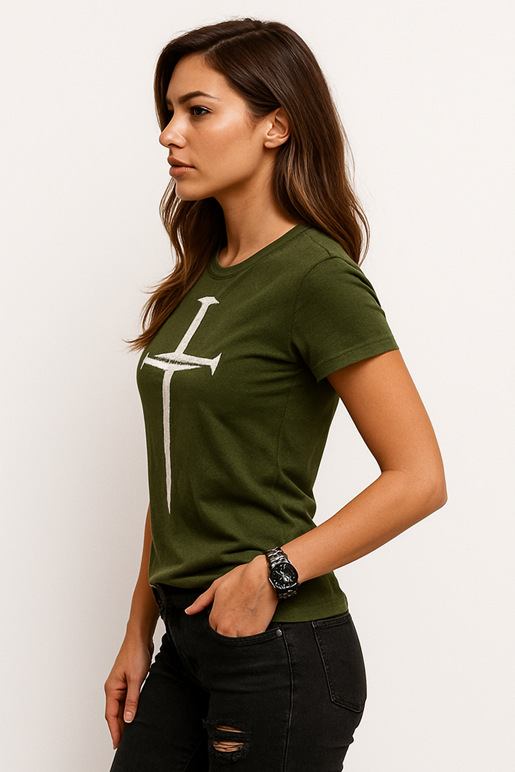 Attitude Start Of Fashion Women’s Olive Green Graphic T-Shirt with Minimalist Cross Print | Casual Regular Fit Tee