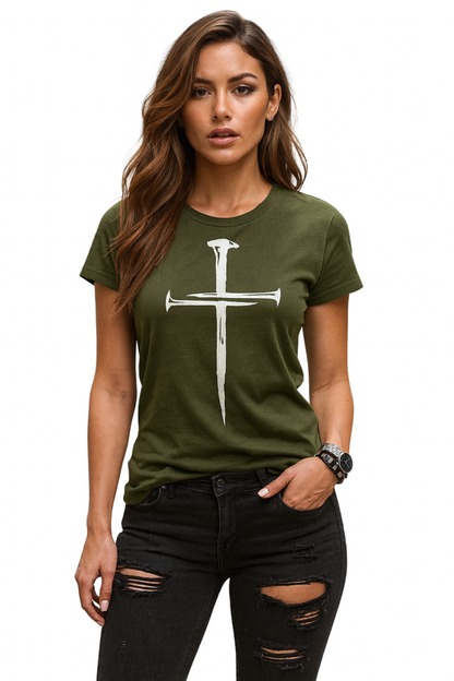 Attitude Start Of Fashion Women’s Olive Green Graphic T-Shirt with Minimalist Cross Print | Casual Regular Fit Tee