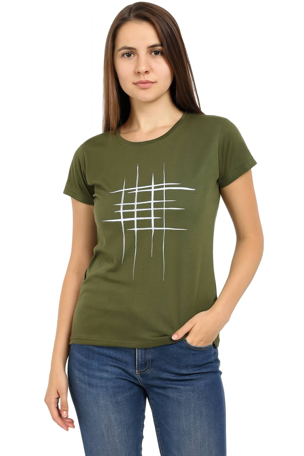 Attitude Start Of Fashion Women’s Olive Green Abstract Line Design T-Shirt – Casual Daily Wear