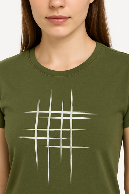 Attitude Start Of Fashion Women’s Olive Green Abstract Line Design T-Shirt – Casual Daily Wear