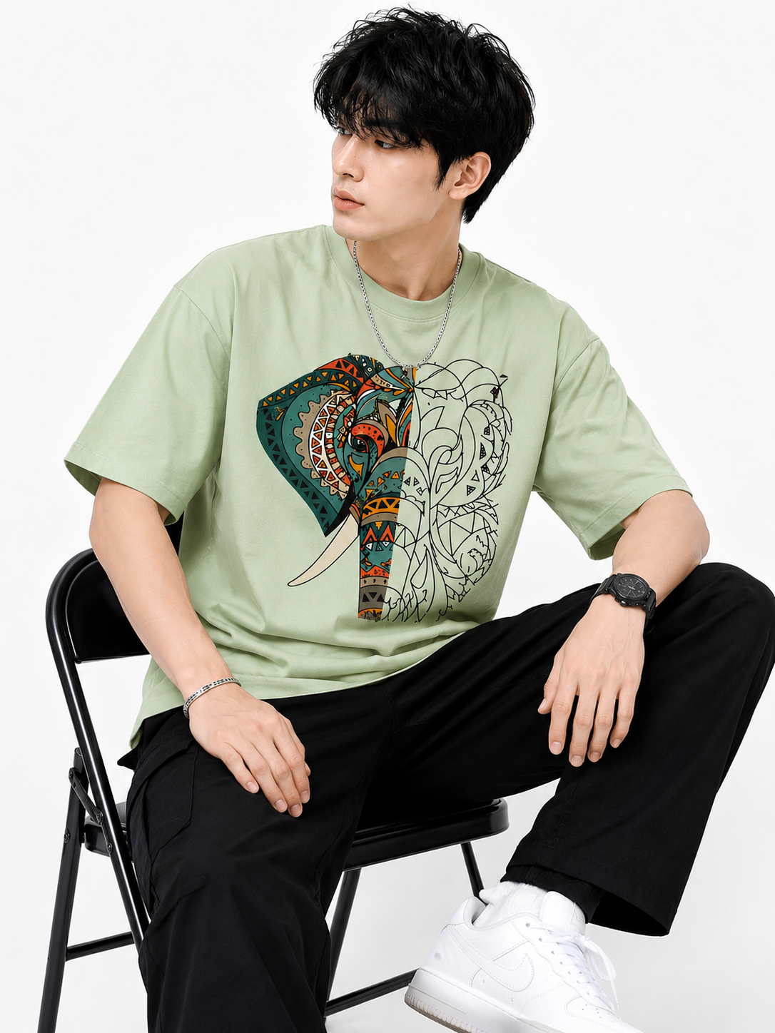 Attitude Men's Graphic Printed Elephant T-Shirt | Water Splash Wildlife Art Design | Premium Cotton Black Casual Round Neck Tee for Men