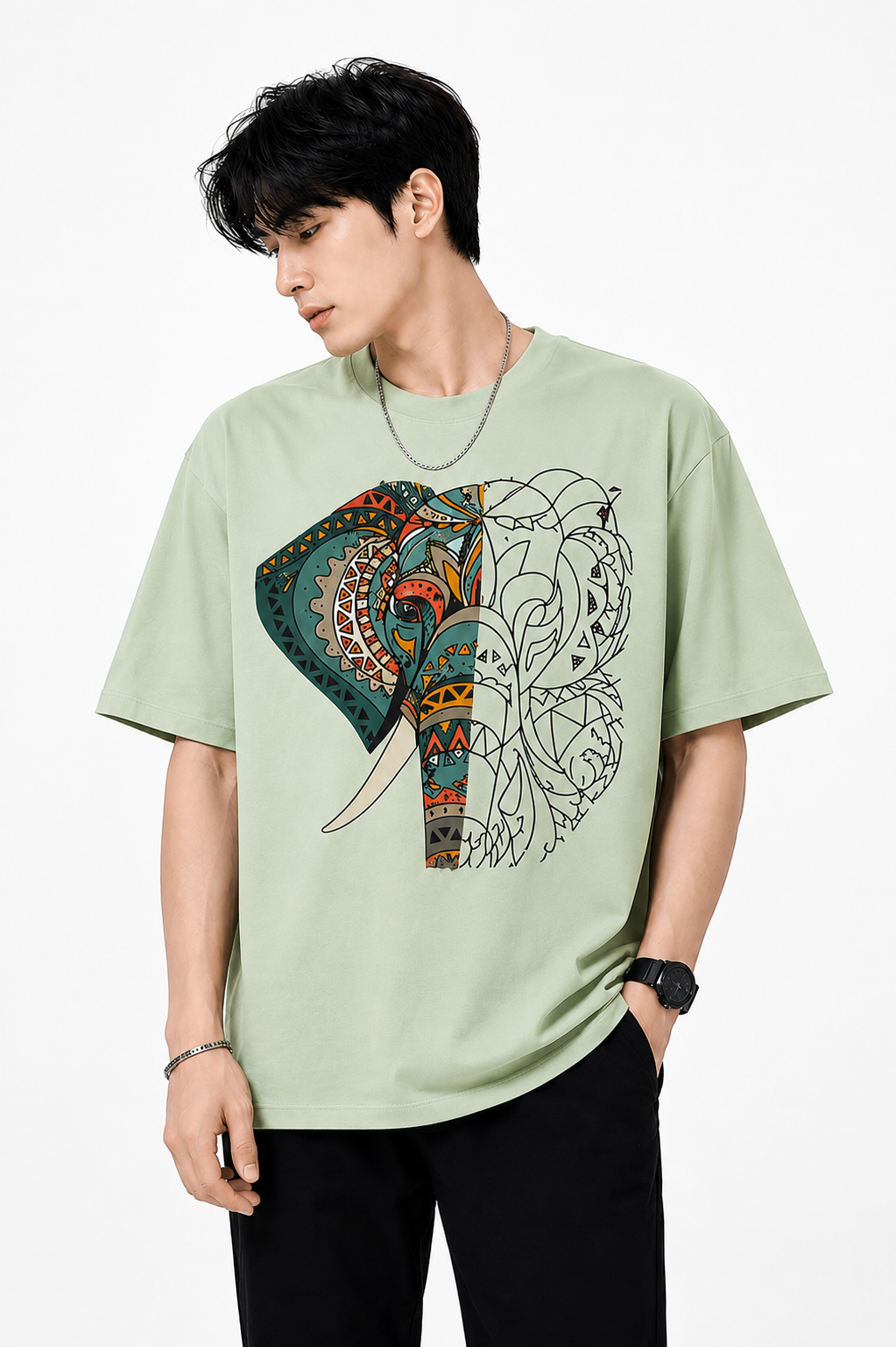 Attitude Men's Graphic Printed Elephant T-Shirt | Water Splash Wildlife Art Design | Premium Cotton Black Casual Round Neck Tee for Men