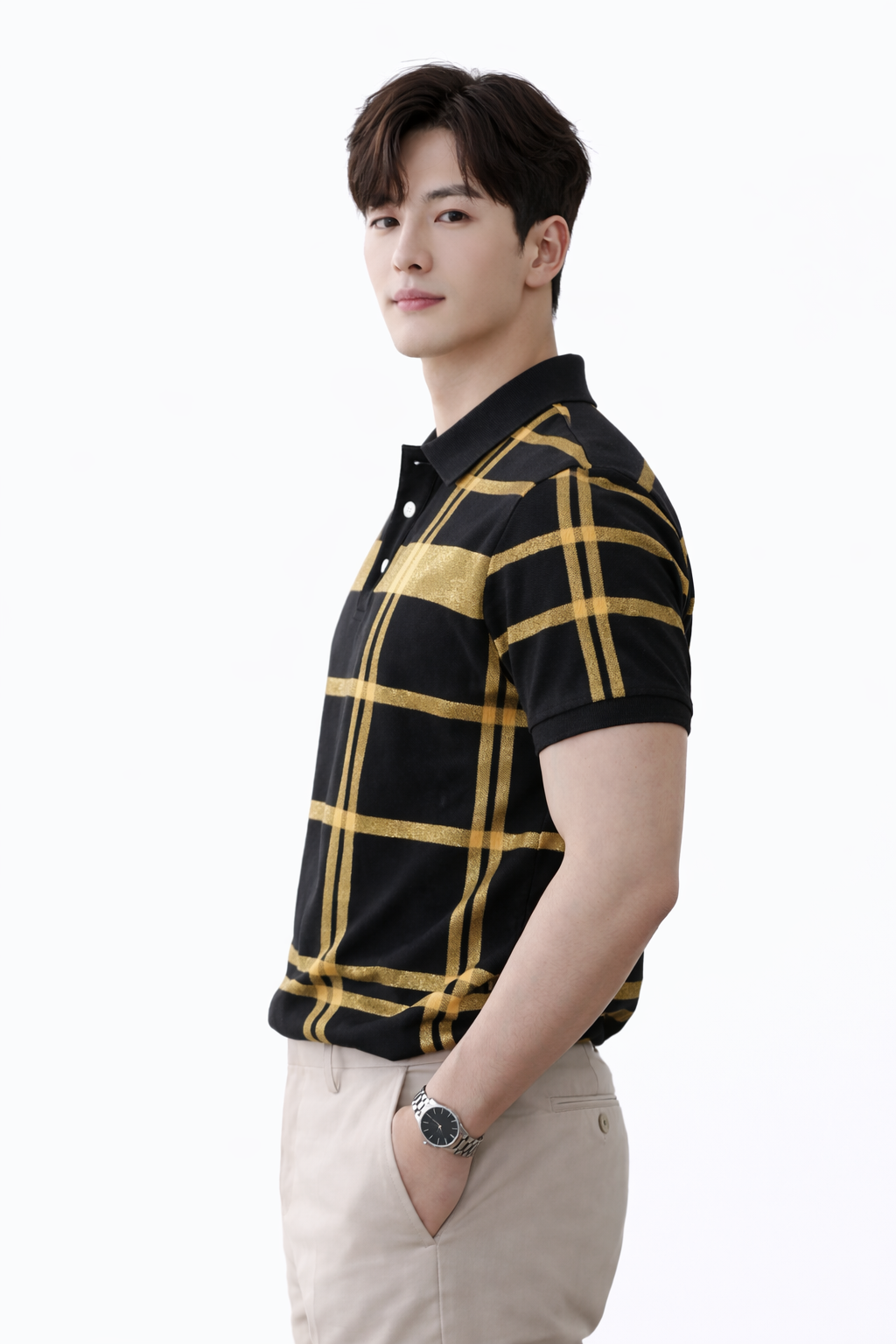 Attitude Start of Fashion Men’s Black & Gold Checkered Collar Polo T-Shirt