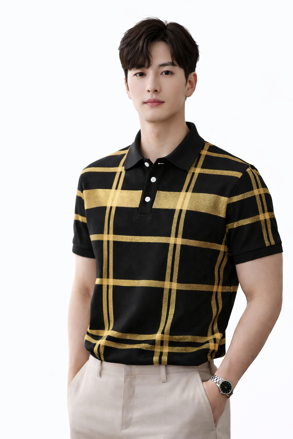 Attitude Start of Fashion Men’s Black & Gold Checkered Collar Polo T-Shirt