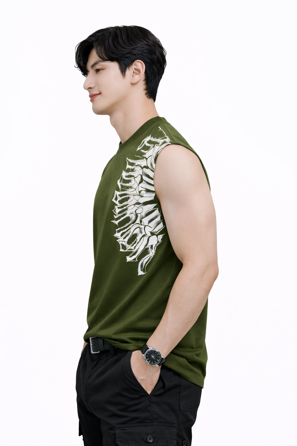 Attitude Start of Fashion Men Olive Green Graphic Print Sleeveless Cotton T-Shirt