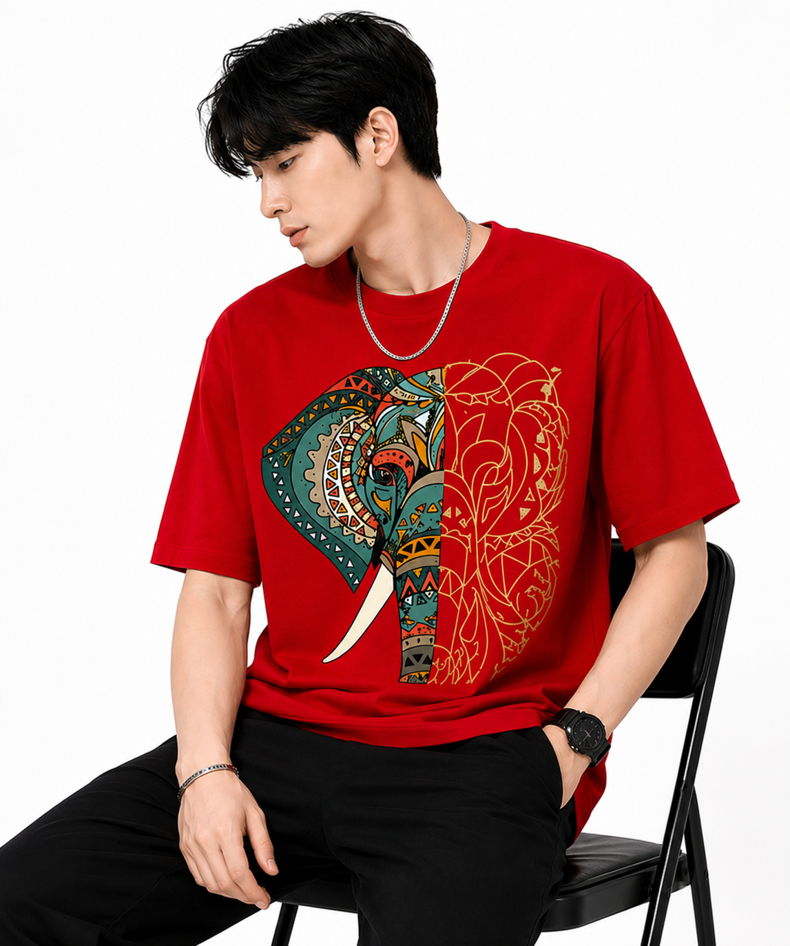 Attitude Men's Graphic Printed Elephant T-Shirt | Water Splash Wildlife Art Design | Premium Cotton Black Casual Round Neck Tee for Men