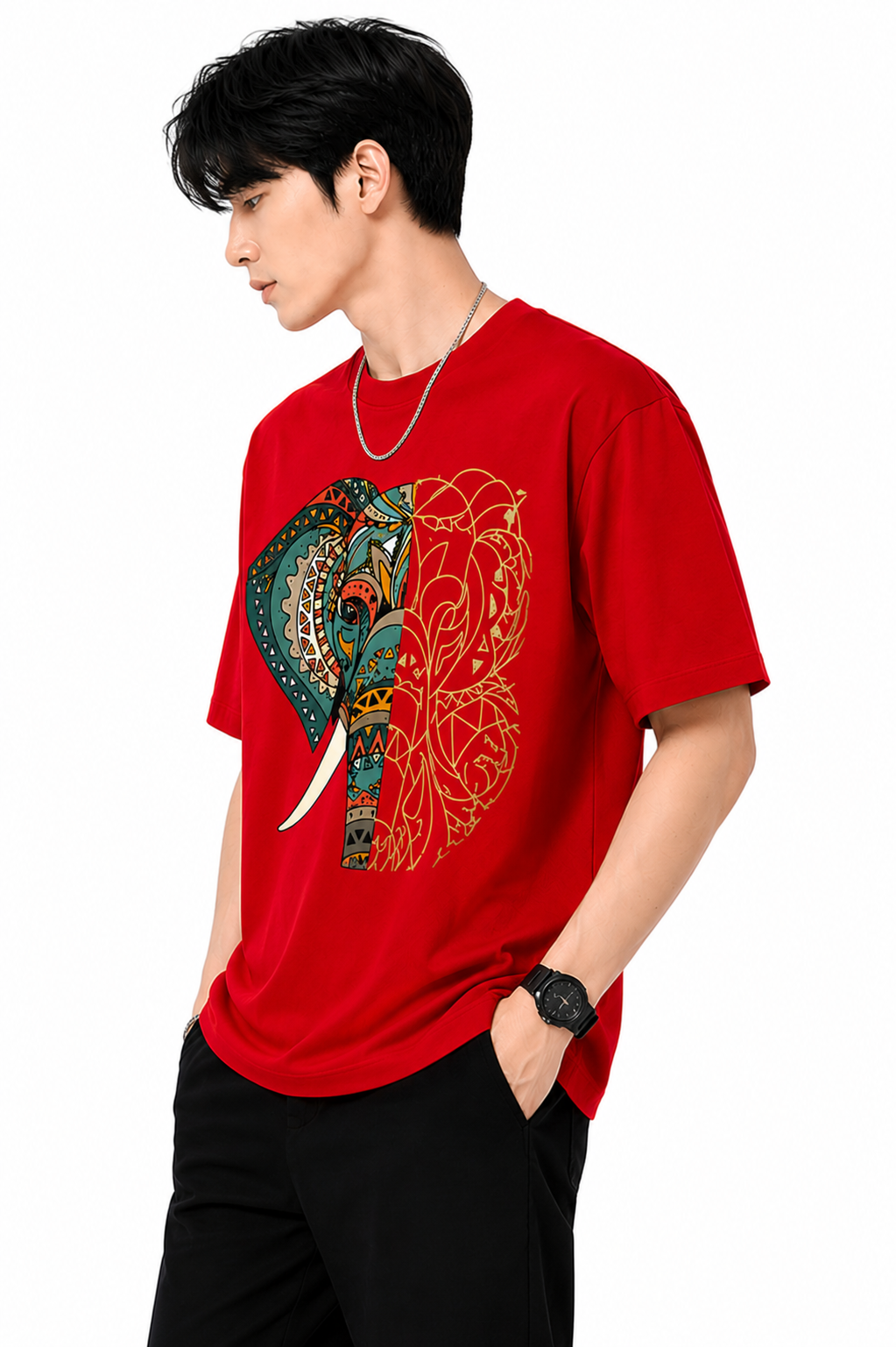 Attitude Men's Graphic Printed Elephant T-Shirt | Water Splash Wildlife Art Design | Premium Cotton Black Casual Round Neck Tee for Men