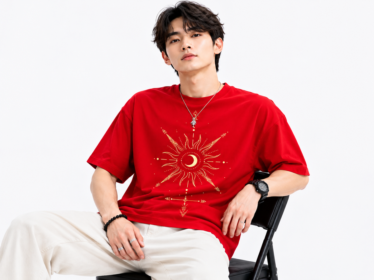 Attitude Men Sun Printed Crew Neck Oversized Fit Cotton T- Shirt