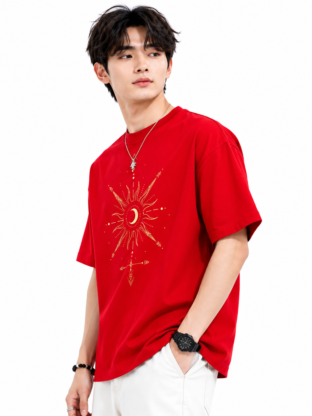 Attitude Men Sun Printed Crew Neck Oversized Fit Cotton T- Shirt