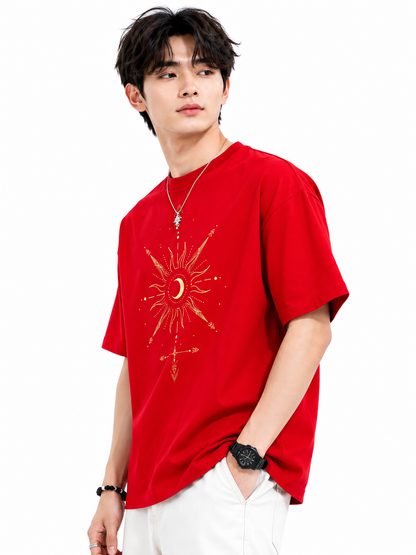 Attitude Men Sun Printed Crew Neck Oversized Fit Cotton T- Shirt
