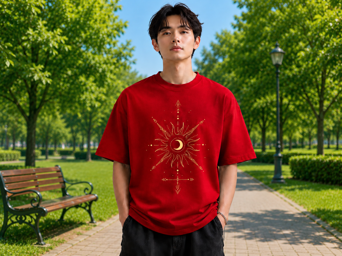Attitude Men Sun Printed Crew Neck Oversized Fit Cotton T- Shirt