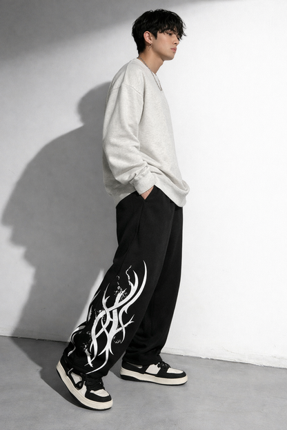 ATTITUDE START OF FASHION Men’s Black Tribal Flame Print Loose Fit Baggy Pants