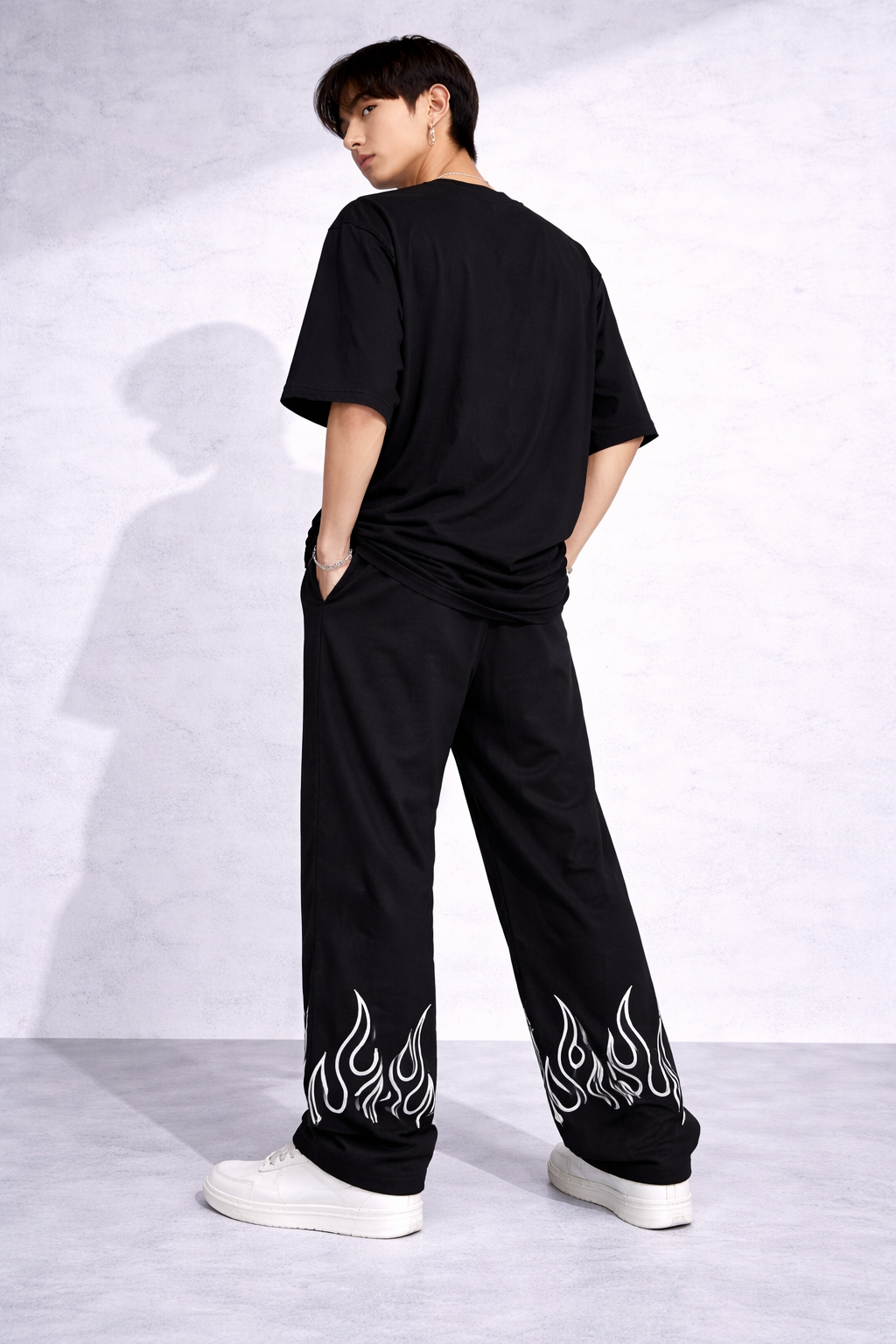 Attitude Start Of Fashion Men’s Black Flame Print Relaxed Fit Baggy Pants