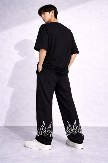 Attitude Start Of Fashion Men’s Black Flame Print Relaxed Fit Baggy Pants