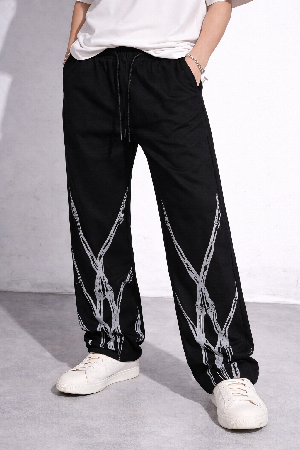 ATTITUDE START OF FASHION Men’s Black Skeleton Print Streetwear Baggy Pants
