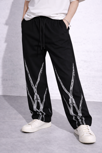 Attitude Start Of Fashion Black Skeleton Bone Print Loose Fit Sweatpants for Women
