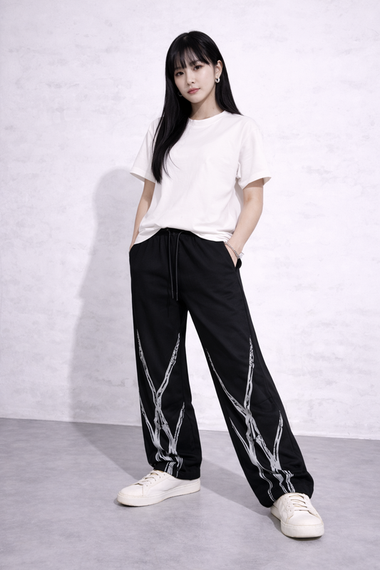 Attitude Start Of Fashion Black Skeleton Bone Print Loose Fit Sweatpants for Women