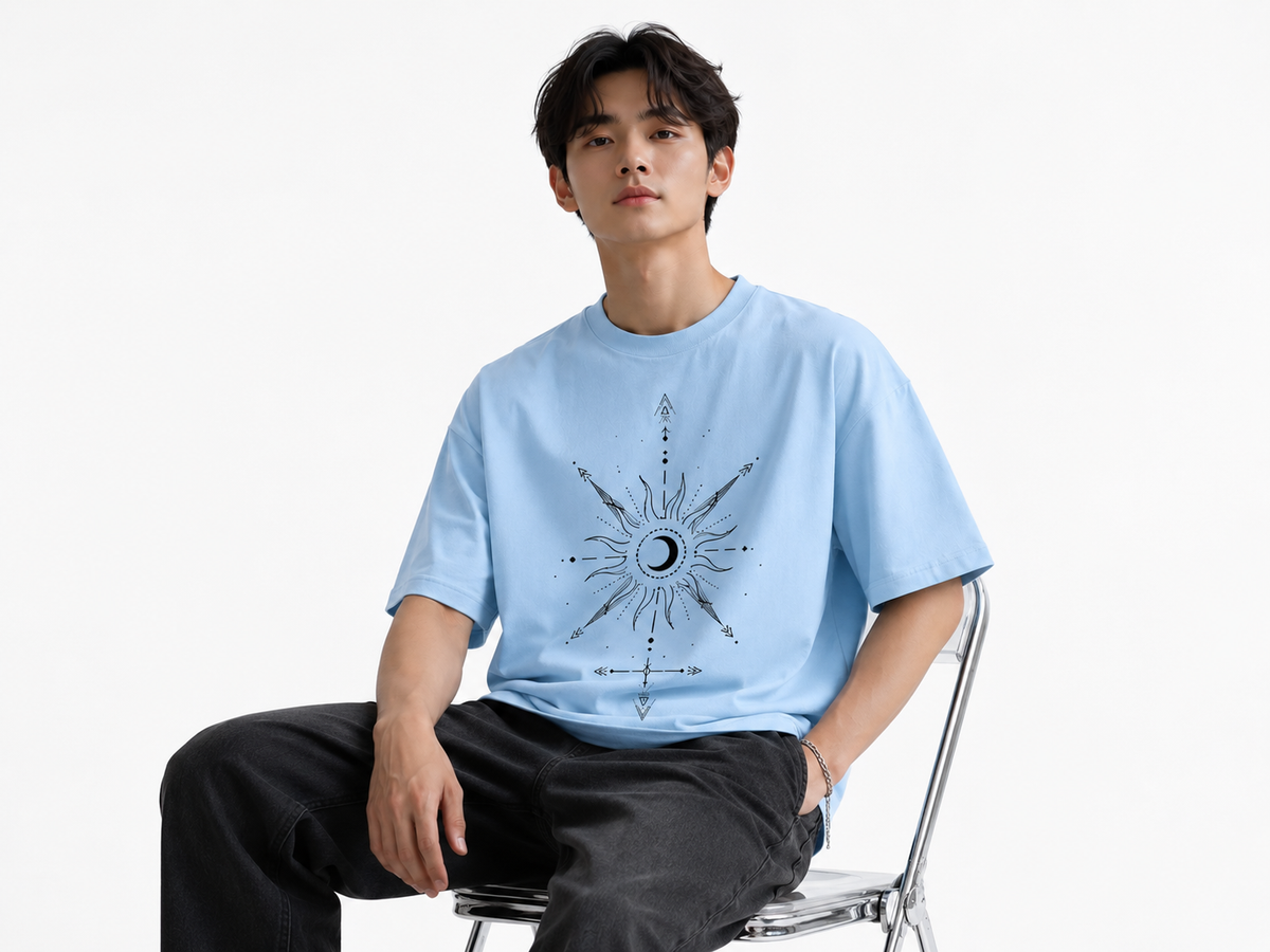 Attitude Men Sun Printed Crew Neck Oversized Fit Cotton T- Shirt