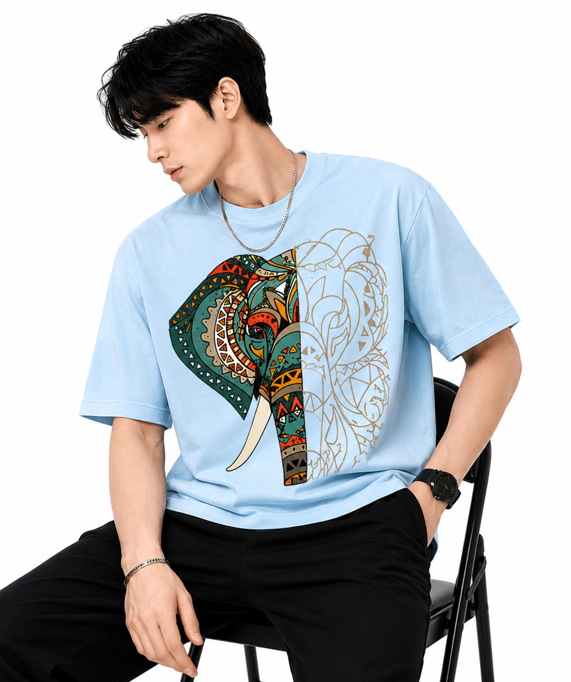 Attitude Men's Graphic Printed Elephant T-Shirt | Water Splash Wildlife Art Design | Premium Cotton Black Casual Round Neck Tee for Men