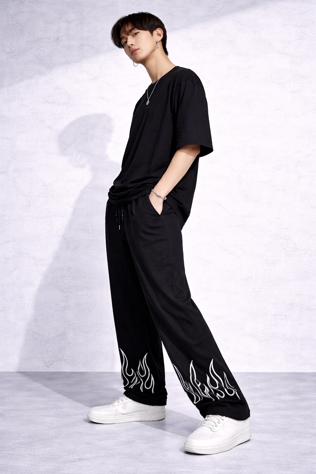 Attitude Start Of Fashion Men’s Black Flame Print Relaxed Fit Baggy Pants