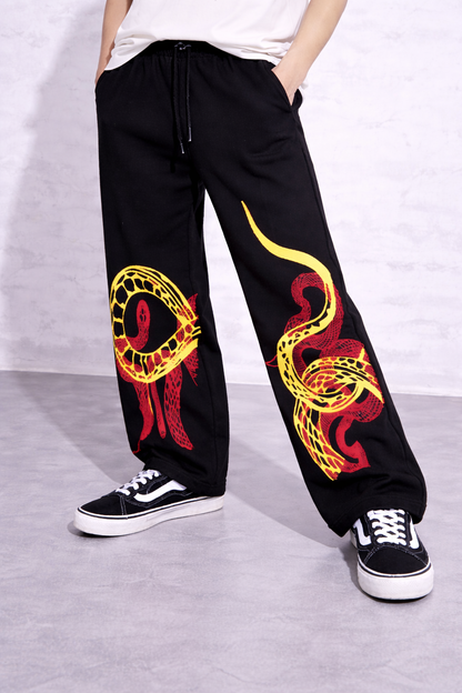 Attitude Start Of Fashion Women Black Dragon Print Loose Fit Jogger Pants – Streetwear Graphic Wide Leg Track Pants